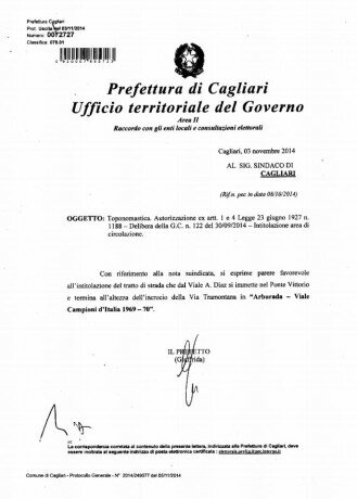 La nota della Prefettura in cui si dà l'ok all'intitolazione della via